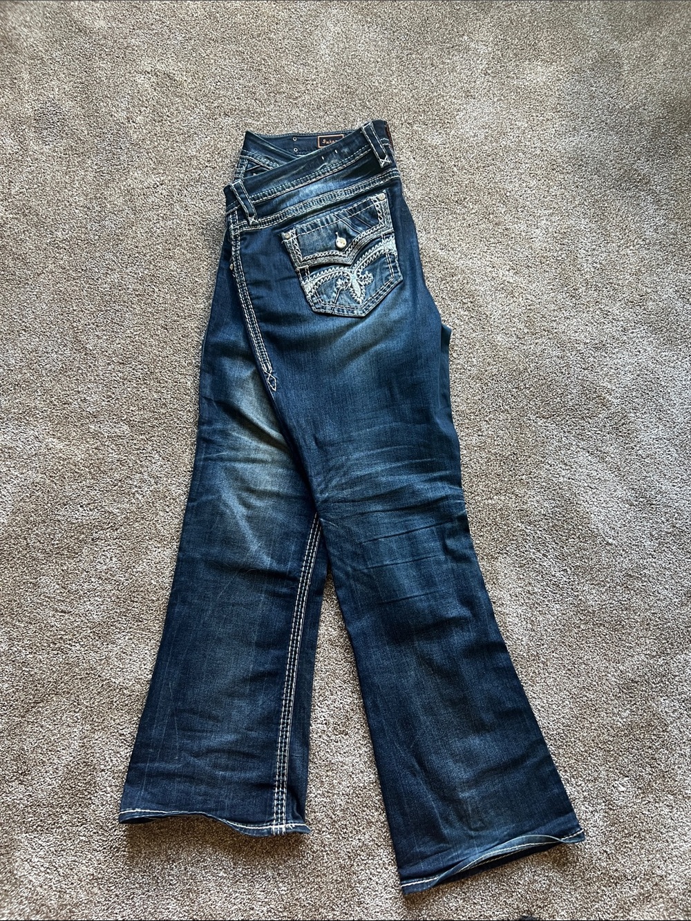 Rock Revival Dark Blue Boot Cut Jeans with Embroidered Back Pockets